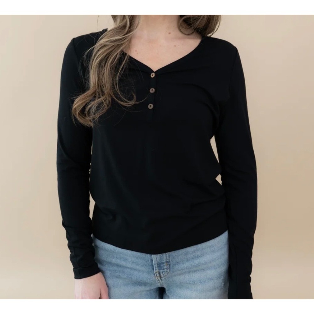 NWT Kyte Baby Womens Henley Tee Shirt Medium Sustainable Bamboo Minimalist Black